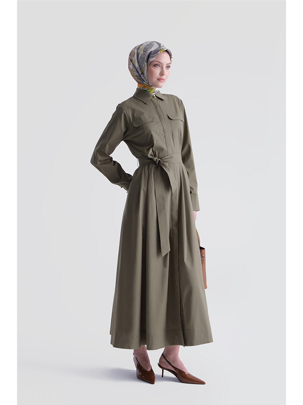 Cep Detaylı Poplin Elbise Haki-1
