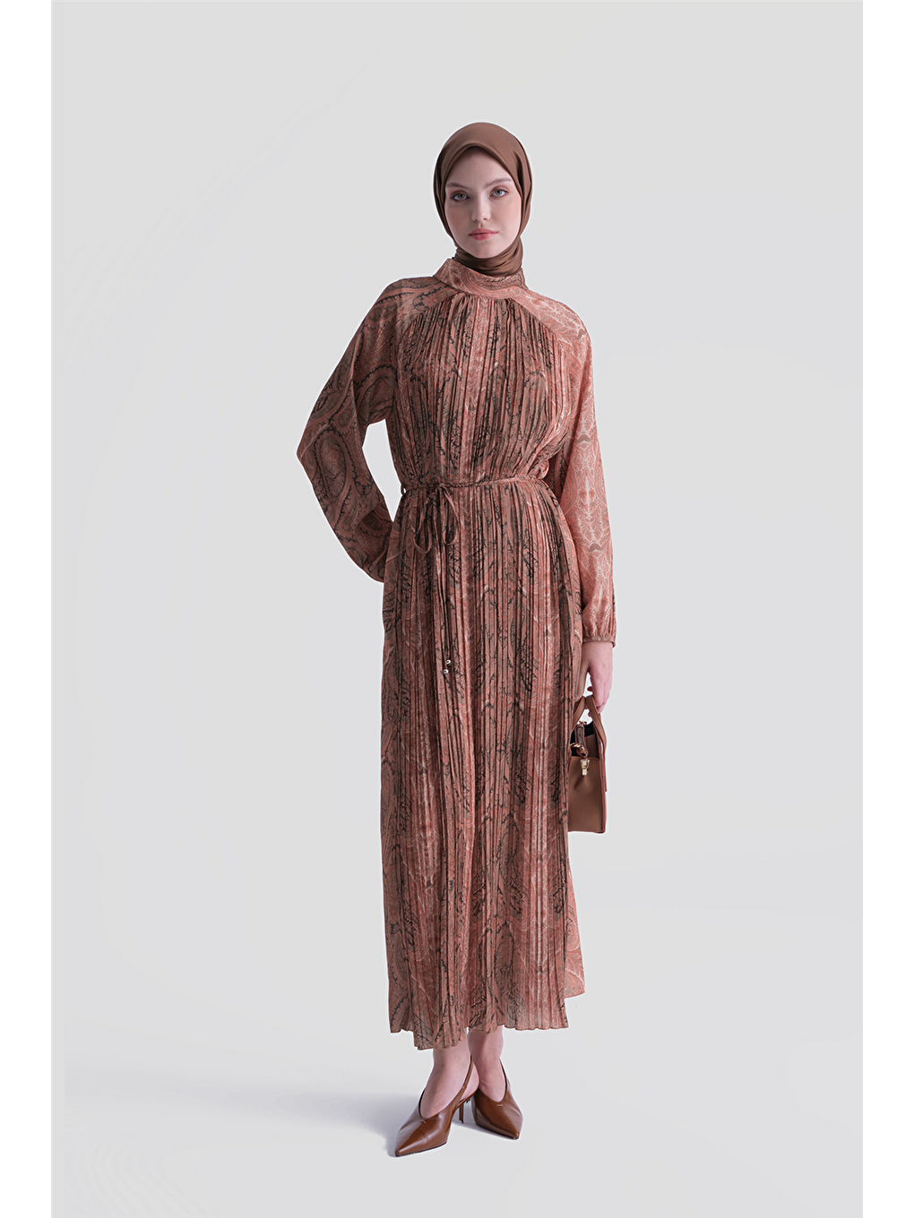 Şal Desenli Piliseli Elbise Bordo-1