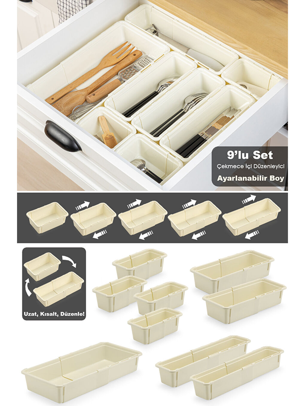 Bej 9'lu Ayarlanabilir Kaşıklık Seti