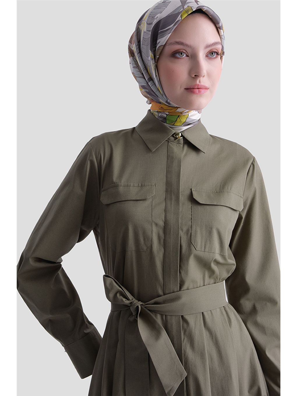 Cep Detaylı Poplin Elbise Haki-2