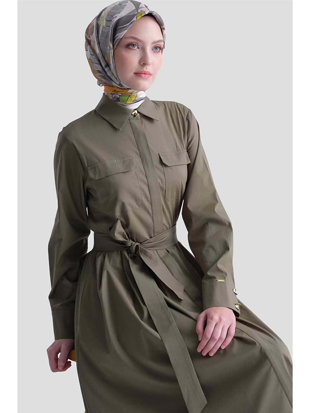 Cep Detaylı Poplin Elbise Haki-3