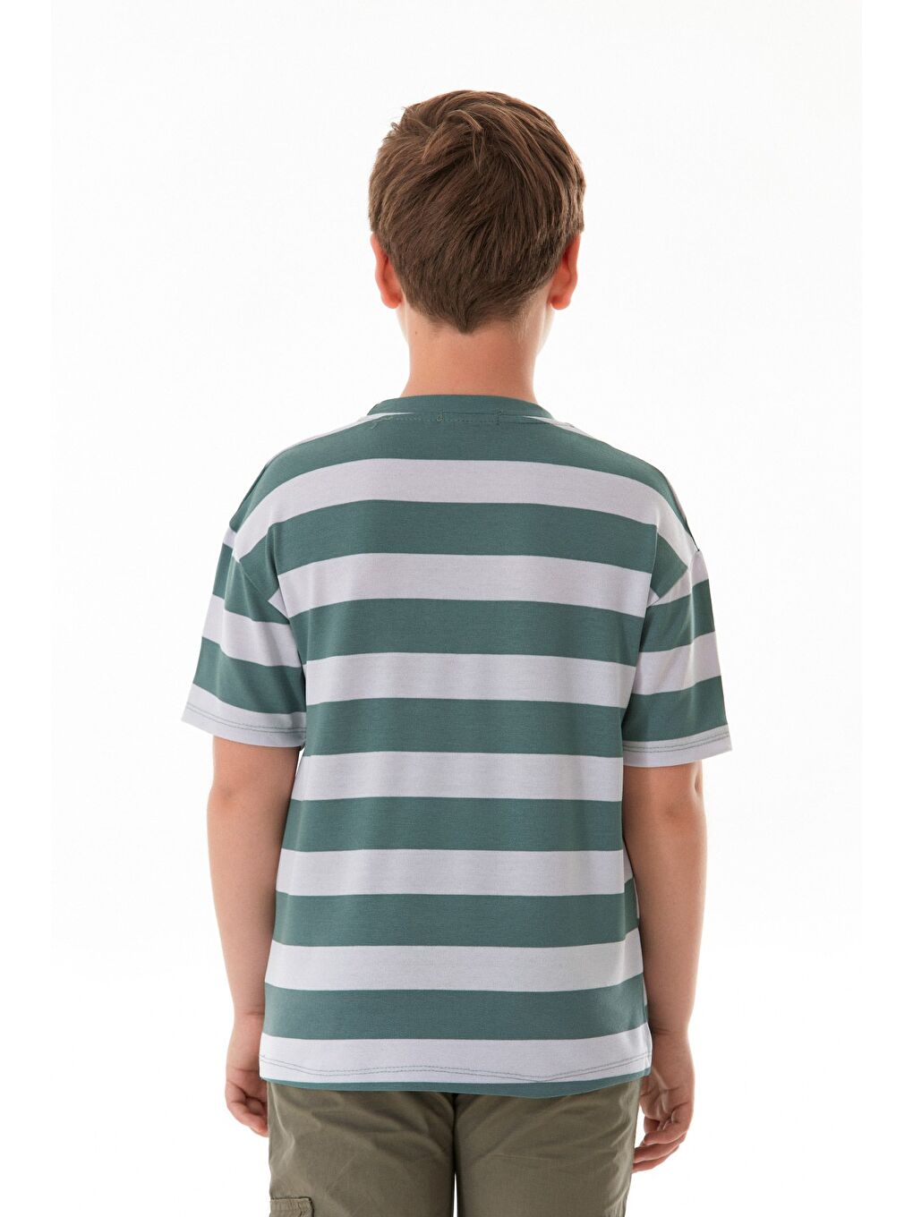 Yeşil Çizgili Yazı Nakışlı Erkek Çocuk Tişört-2