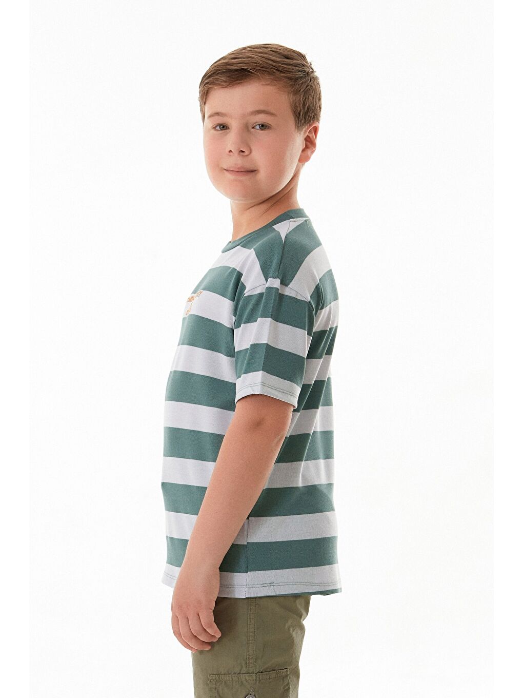 Yeşil Çizgili Yazı Nakışlı Erkek Çocuk Tişört-3