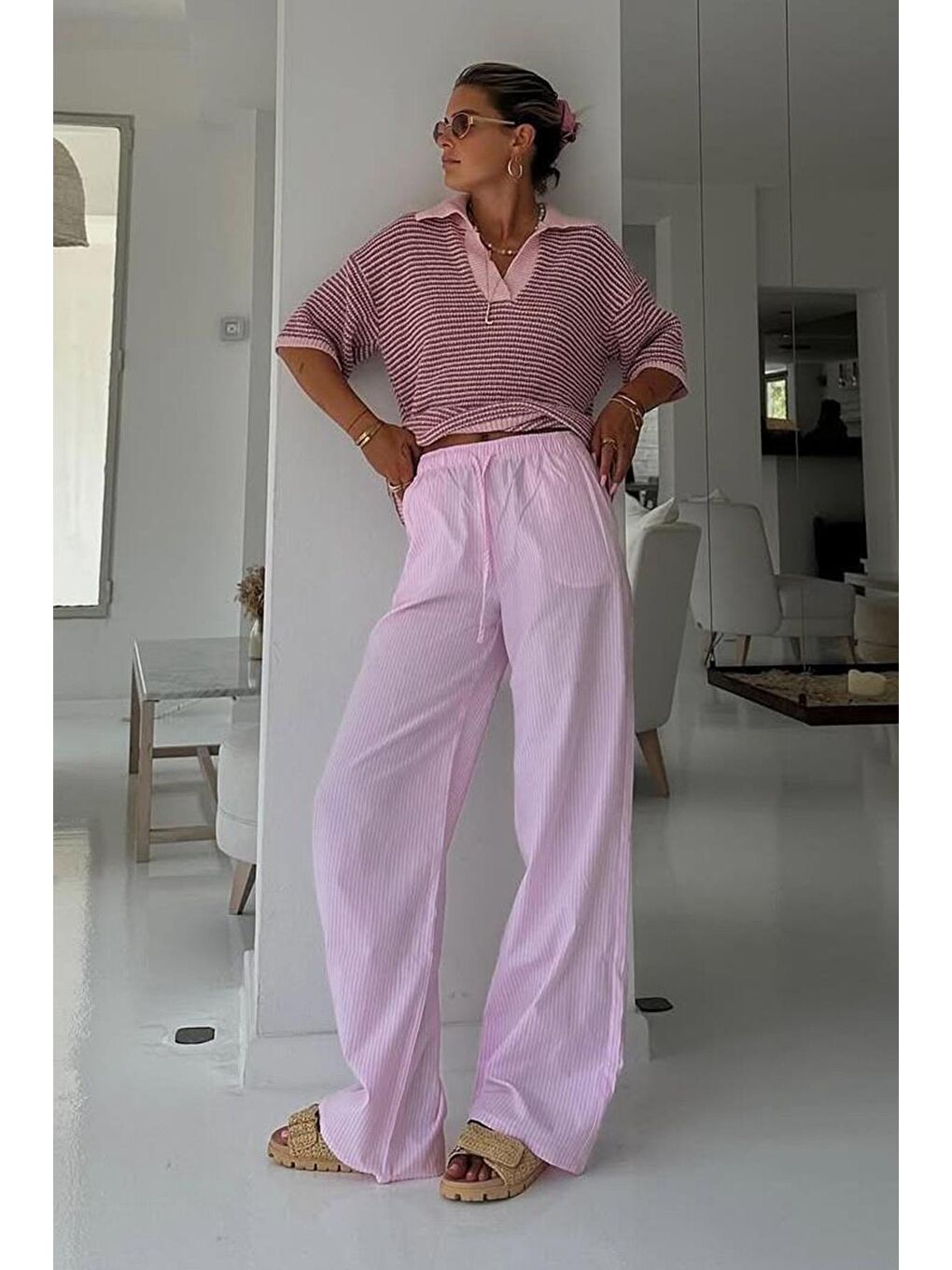 Pembe Pudra Beli Ayarlanabilir Bol Paça Dökümlü Çizgili Pantolon Mg2087-6