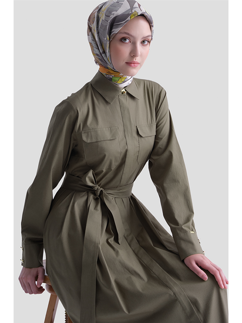 Cep Detaylı Poplin Elbise Haki-4