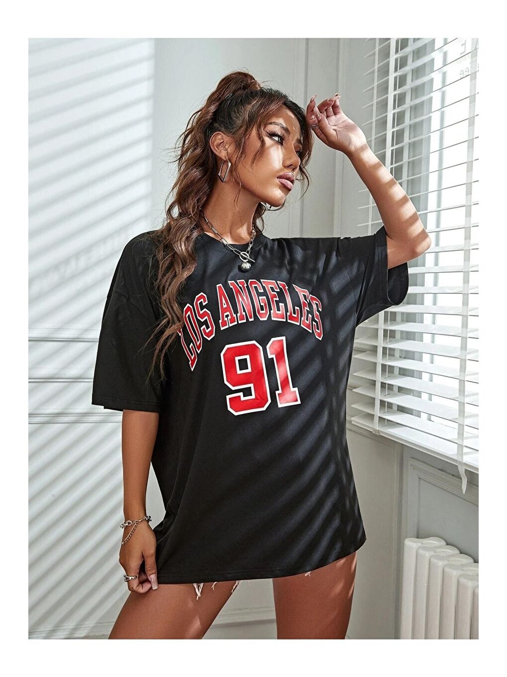 Kadın Siyah Los Angeles 91 Baskılı Oversize Tişört-2