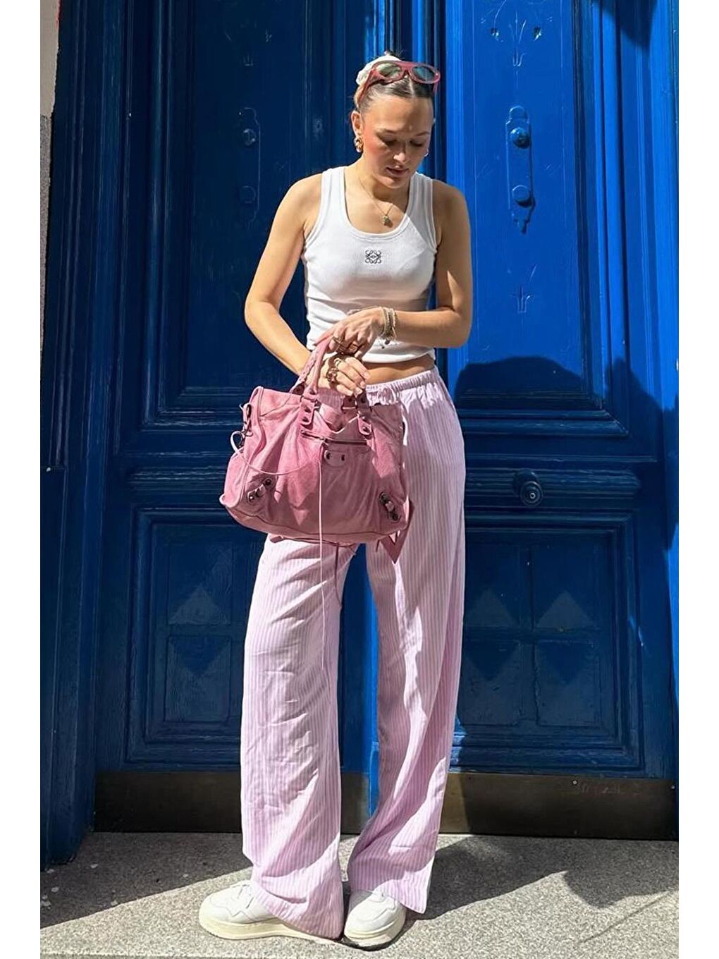 Pembe Pudra Beli Ayarlanabilir Bol Paça Dökümlü Çizgili Pantolon Mg2087-7