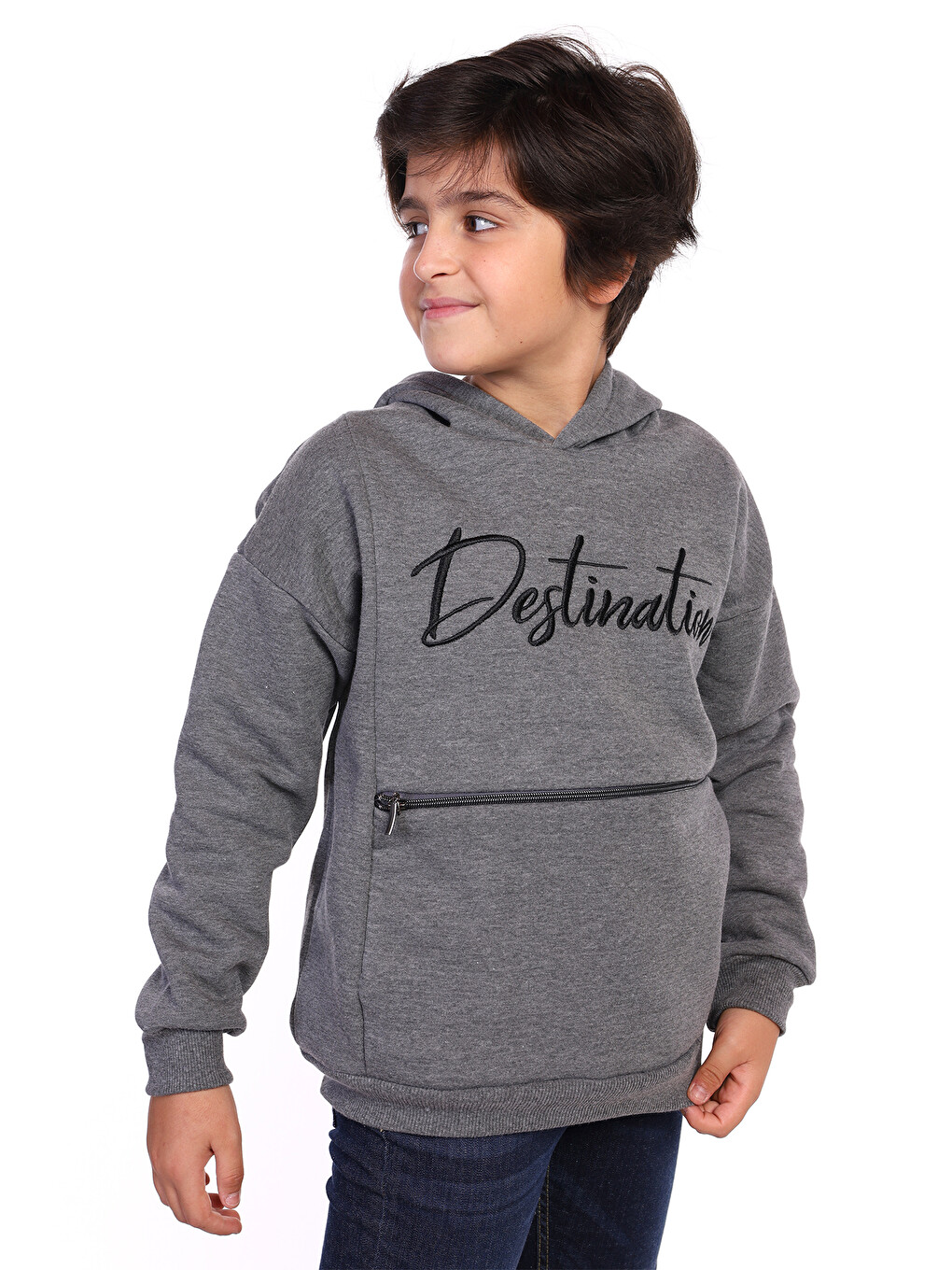Antrasit Erkek Çocuk Cebi Fermuar Kapatmalı Nakışlı Sweatshirt