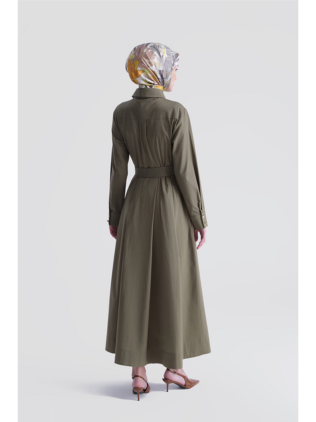 Cep Detaylı Poplin Elbise Haki-5