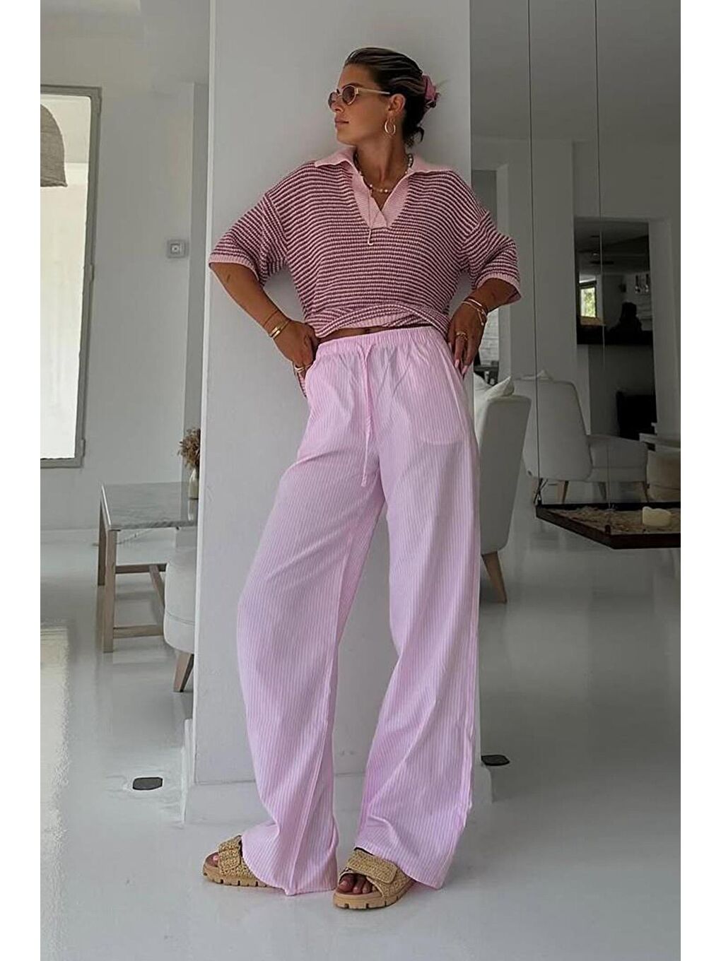 Pembe Beli Ayarlanabilir Bol Paça Dökümlü Çizgili Pantolon Mg2087-6