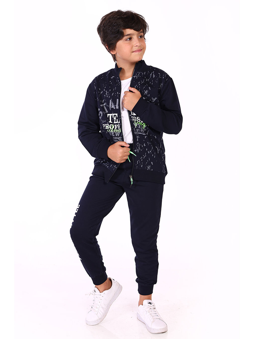 Lacivert Erkek Çocuk Balıkçı Yaka Baskılı Eşofman Takım