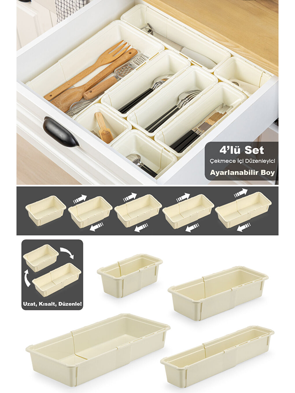 Bej 4'lü Ayarlanabilir Kaşıklık Seti