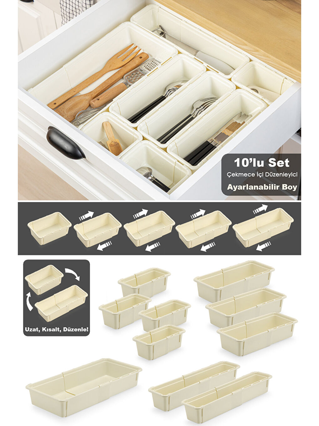 Bej 10'lu Ayarlanabilir Kaşıklık Seti