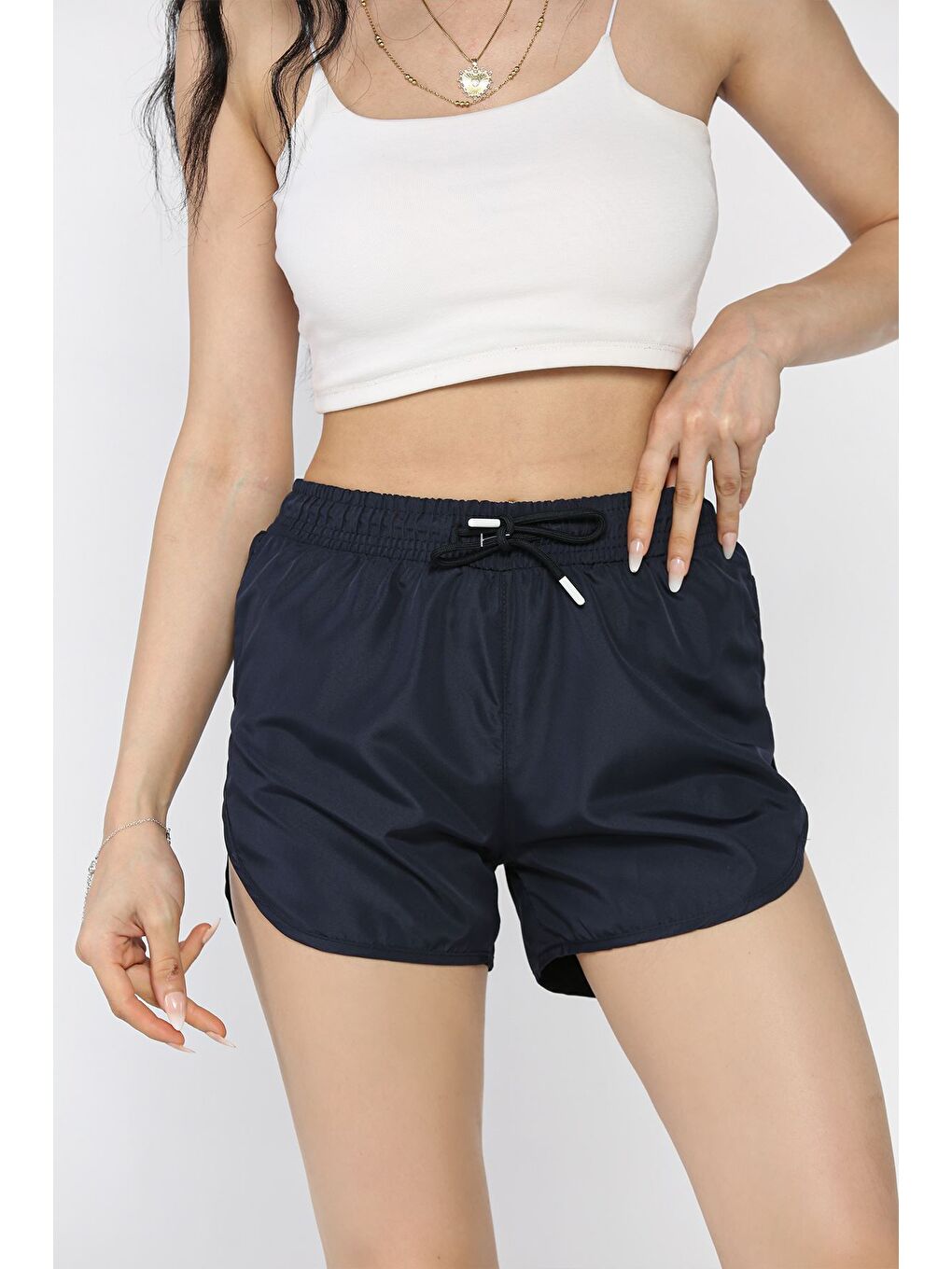 Lacivert Kadın Yan Çapraz Şeritli Deniz Şortu-1