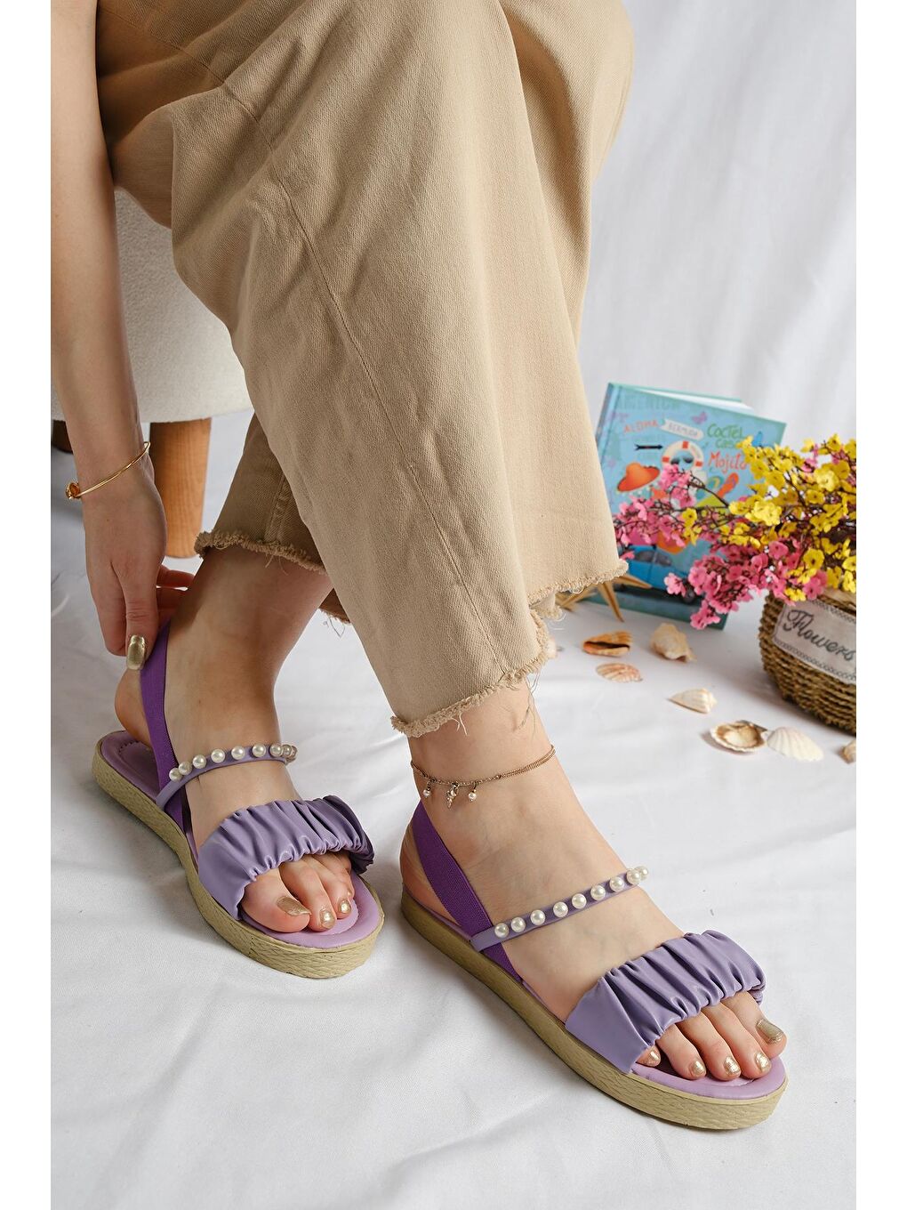 Lila Aly İncili Büzgü Detaylı Kadın Sandalet-2