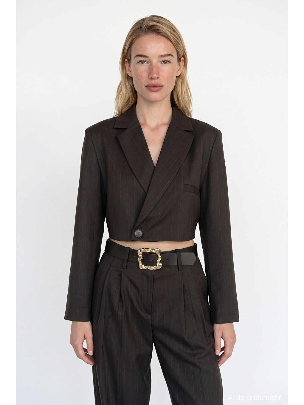 İnce Çizgili Kruvaze Crop Blazer Ceket Kahverengi