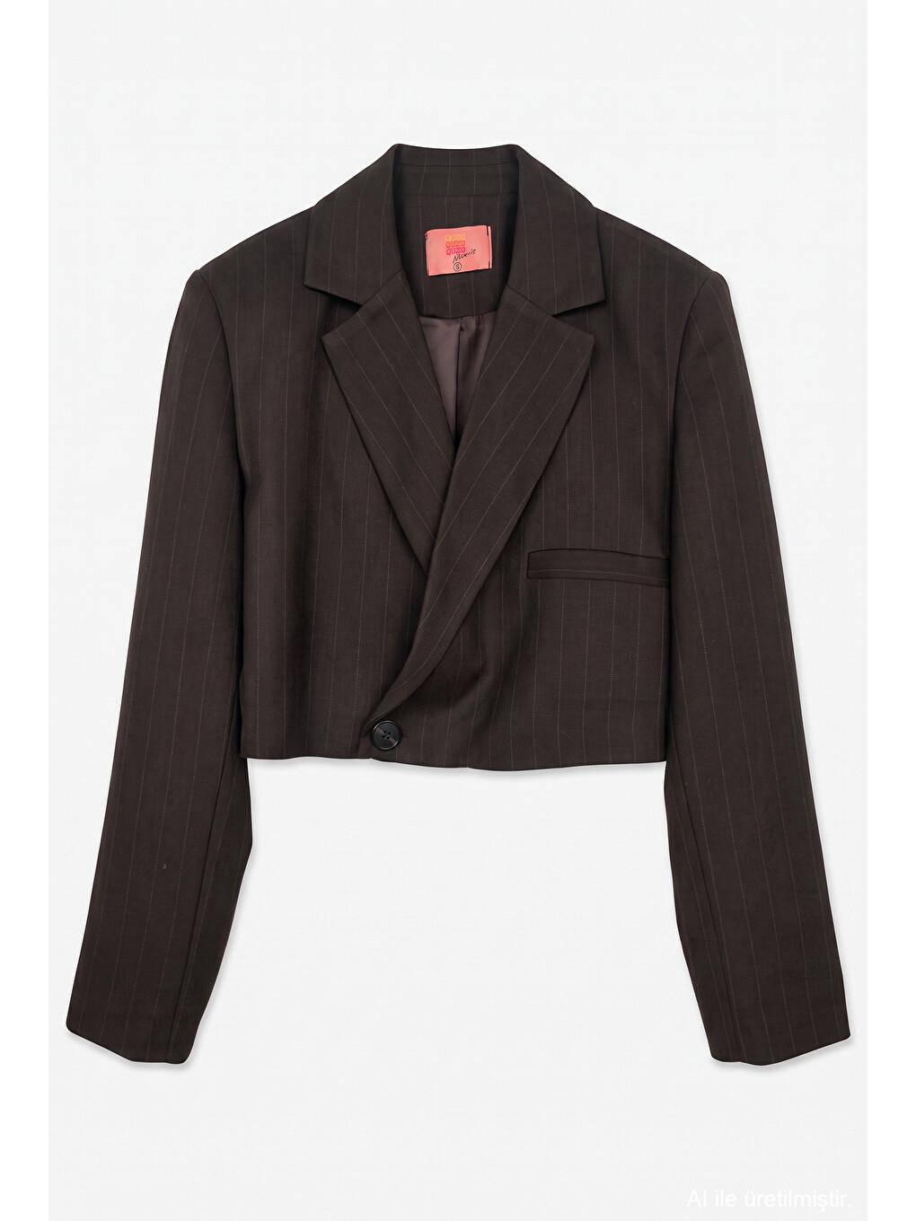 İnce Çizgili Kruvaze Crop Blazer Ceket Kahverengi-1