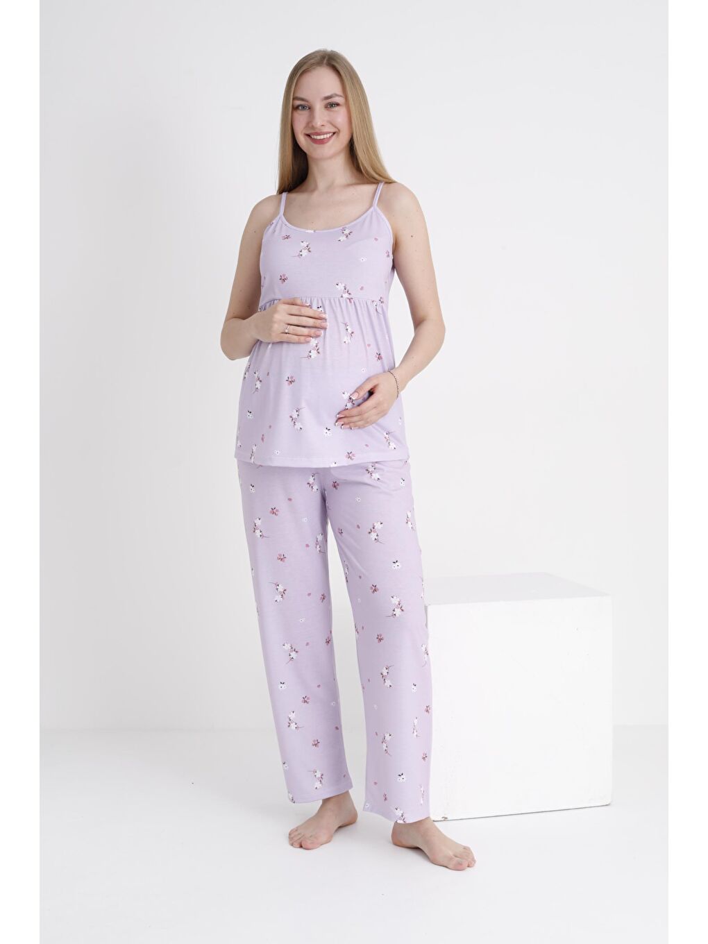 Lila Çiçek Desenli Hamile ve Lohusa Askılı Pijama Takımı