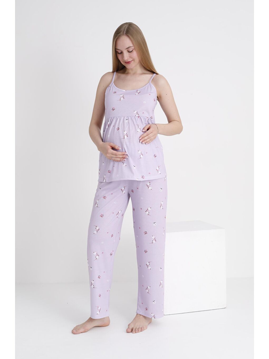Lila Çiçek Desenli Hamile ve Lohusa Askılı Pijama Takımı-1