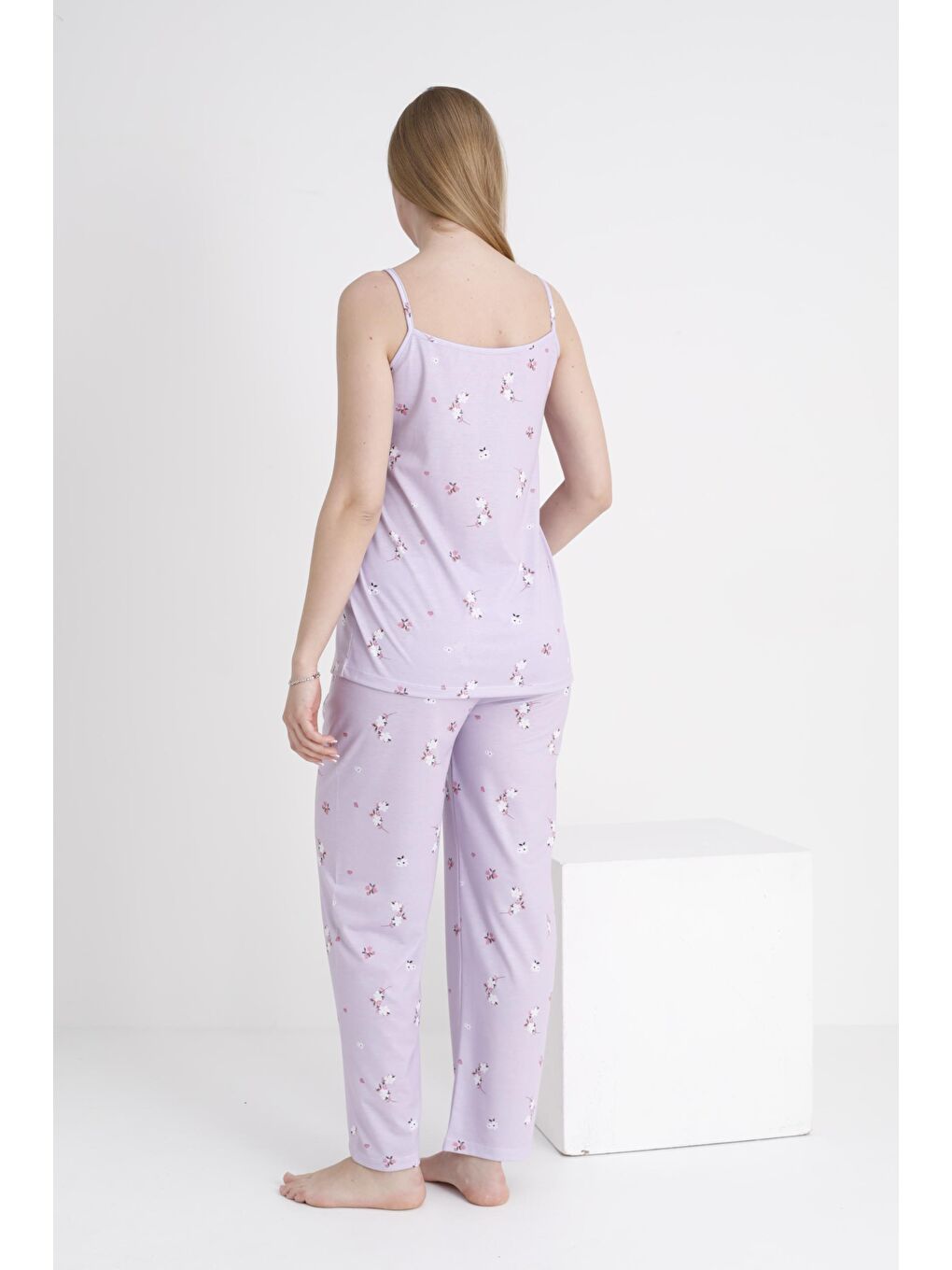 Lila Çiçek Desenli Hamile ve Lohusa Askılı Pijama Takımı-2