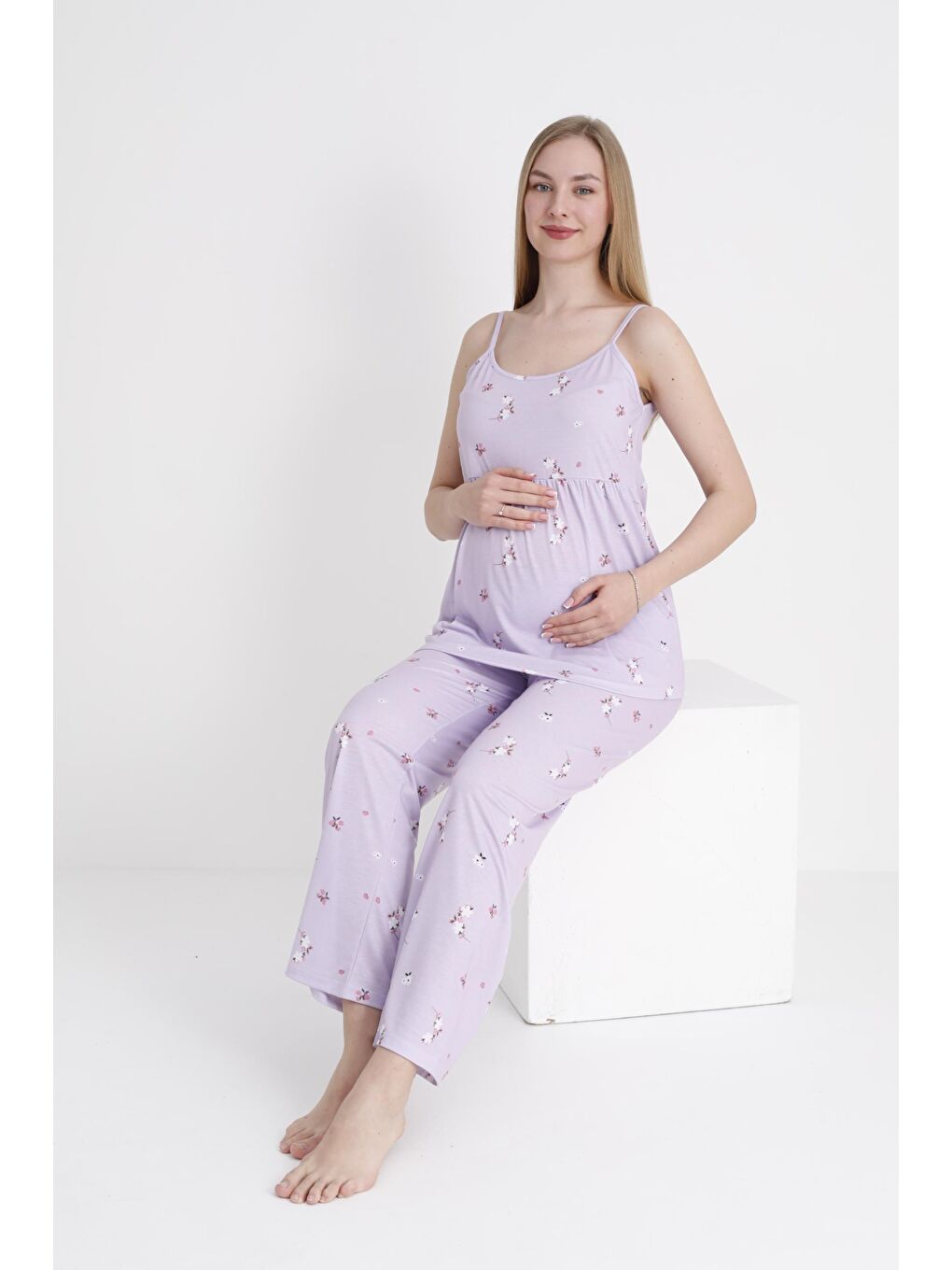 Lila Çiçek Desenli Hamile ve Lohusa Askılı Pijama Takımı-3