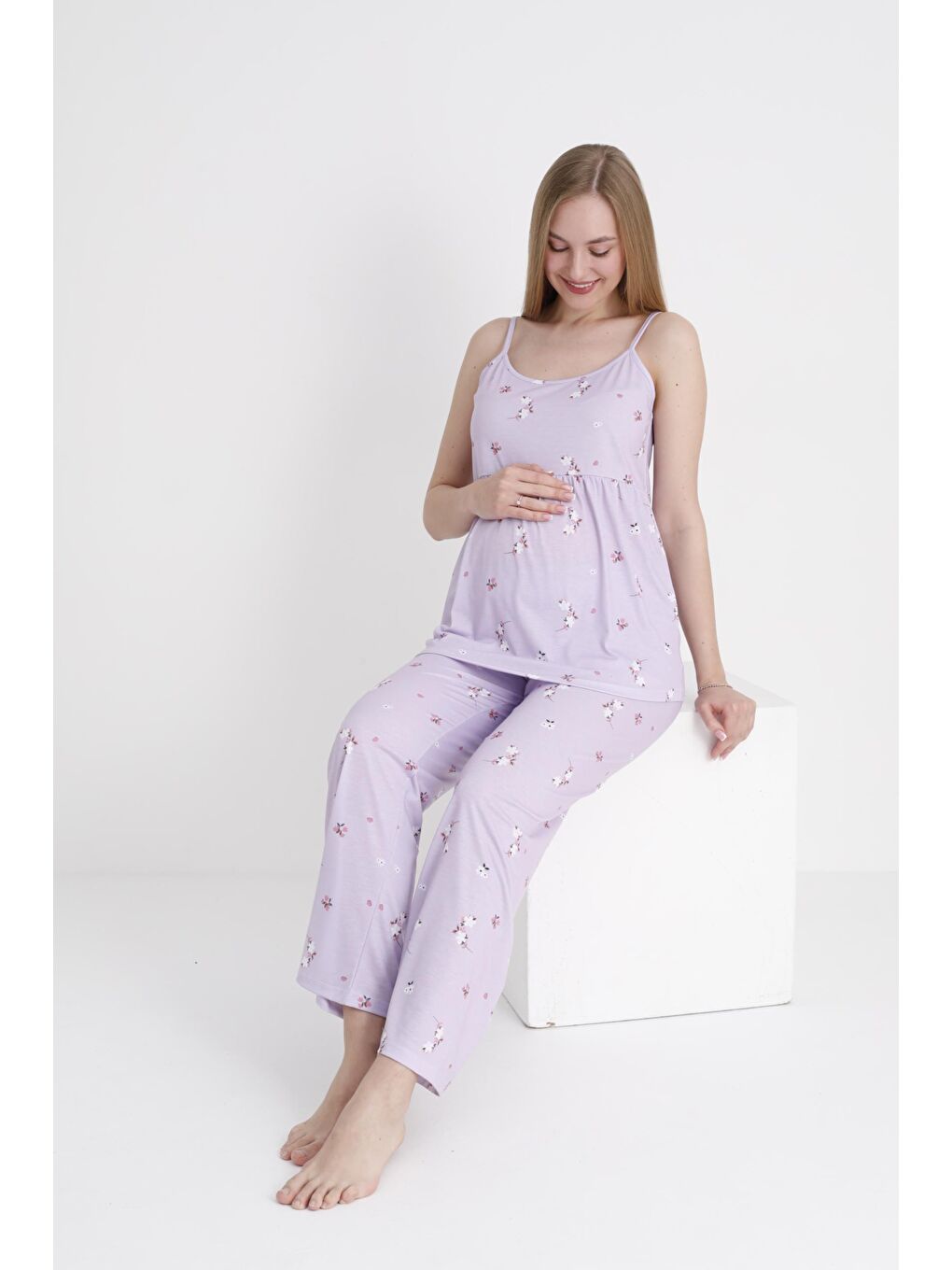 Lila Çiçek Desenli Hamile ve Lohusa Askılı Pijama Takımı-4