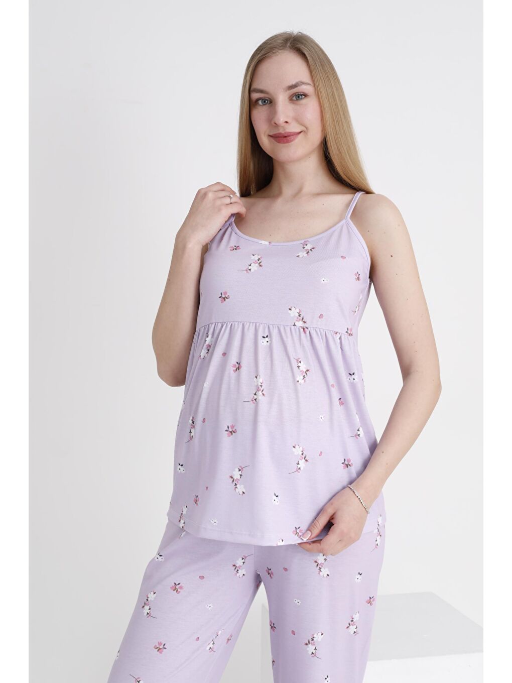Lila Çiçek Desenli Hamile ve Lohusa Askılı Pijama Takımı-5