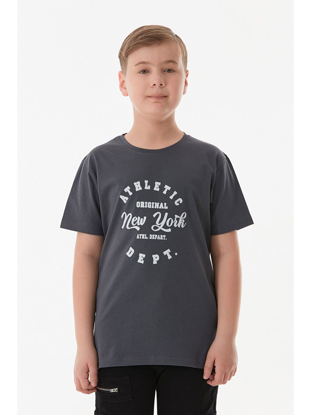 Antrasit %100 Pamuk Athletic Yazı Baskılı Erkek Çocuk Tişört