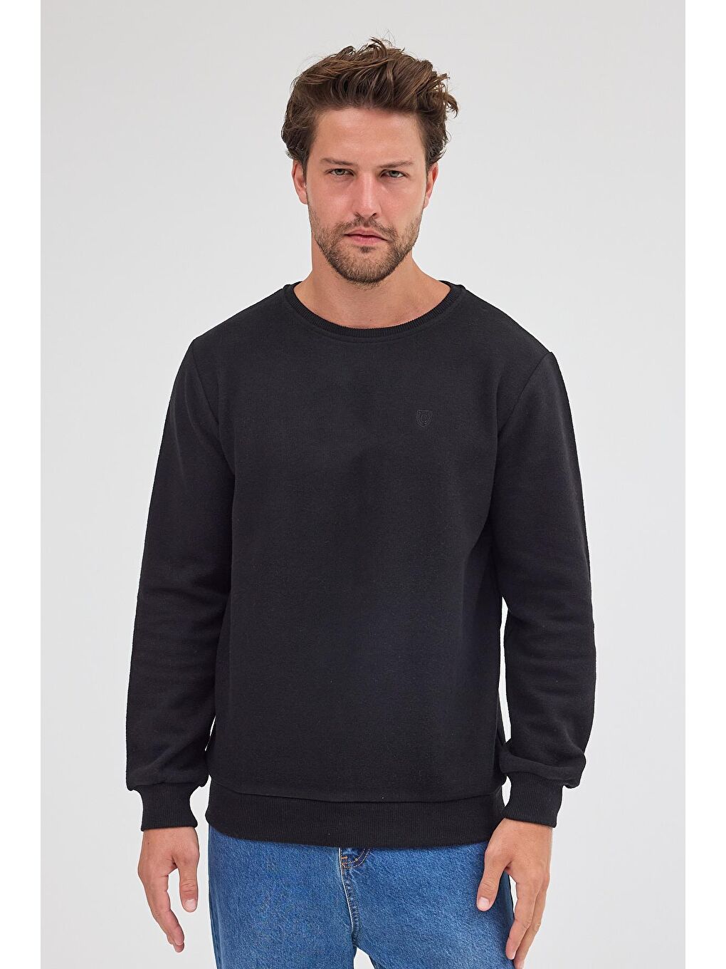 Erkek Siyah Standart Fit Normal Kesim Pamuklu Basic Bisiklet Yaka Sweatshirt MTLCE113-Siyah