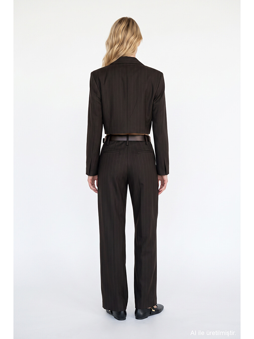 İnce Çizgili Kruvaze Crop Blazer Ceket Kahverengi-4
