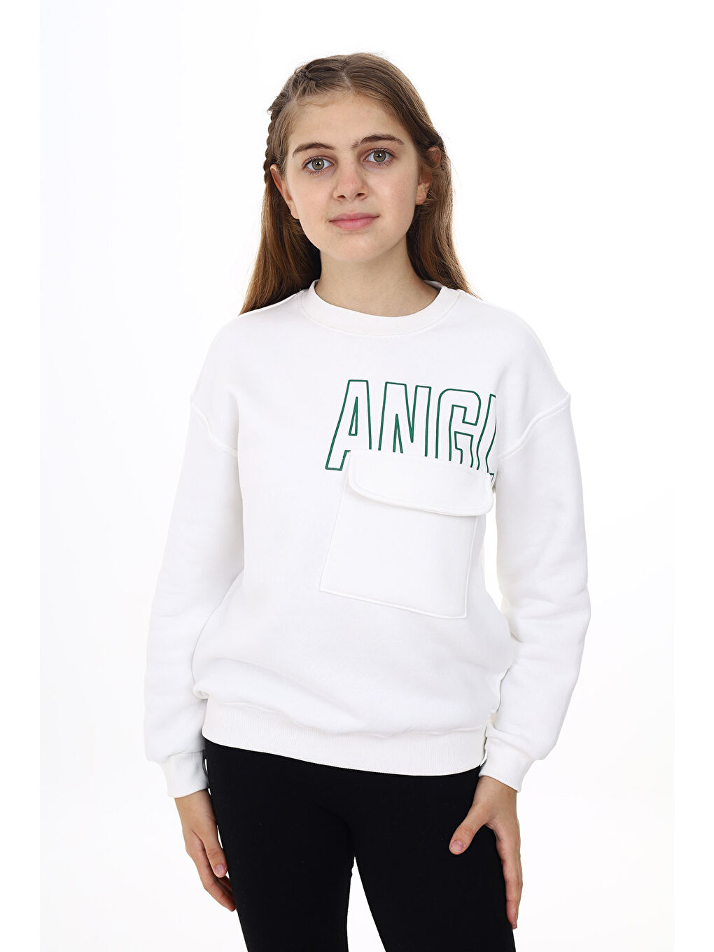 angelos Beyaz Kız Çocuk Cep Detaylı 3 İplik Sweatshirt Px281.1