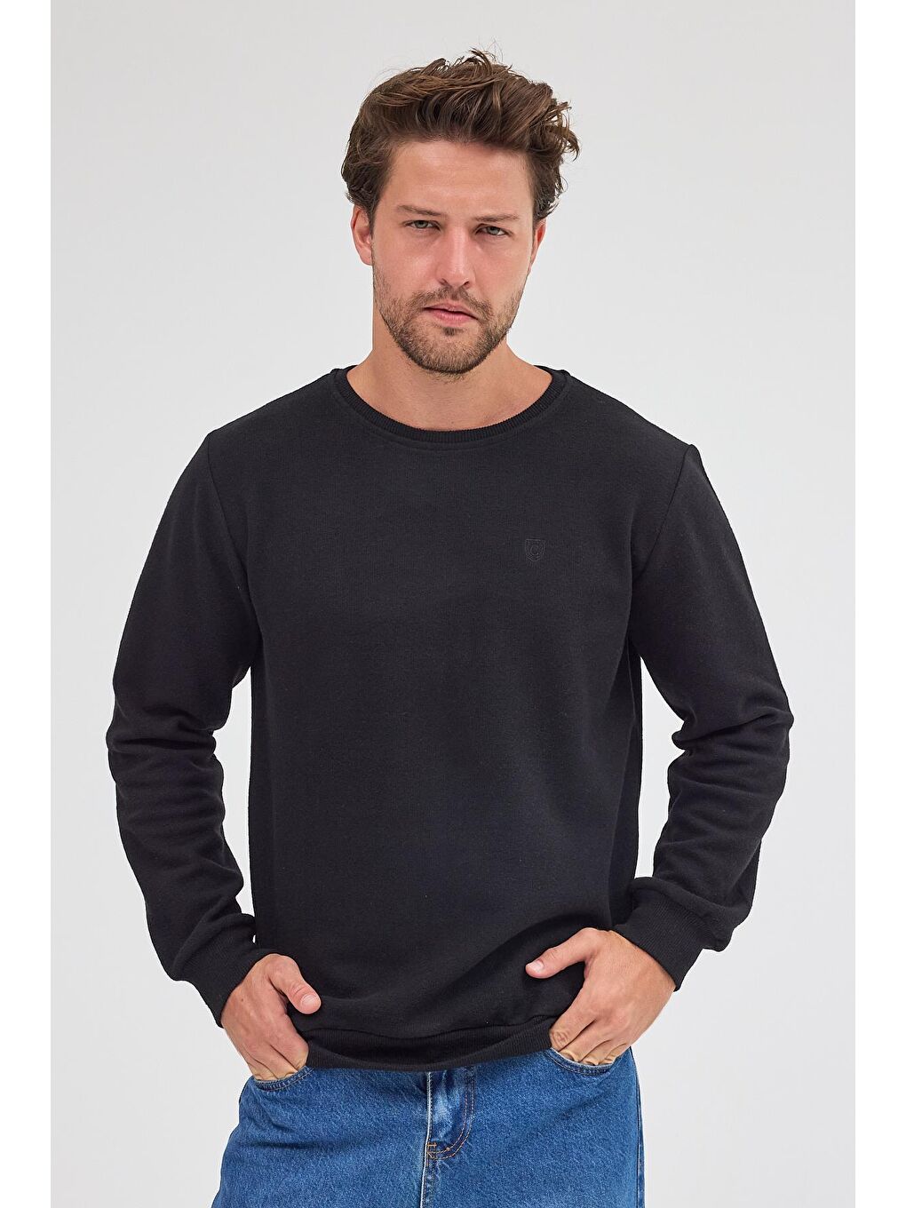 Erkek Siyah Standart Fit Normal Kesim Pamuklu Basic Bisiklet Yaka Sweatshirt MTLCE113-Siyah-1