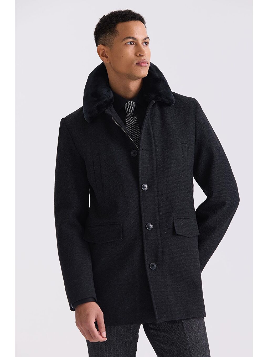 Siyah Regular Fit Çıkarılabilir Kürklü Yaka Desenli Yünlü Kaban