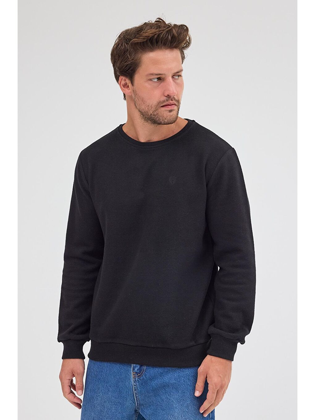 Erkek Siyah Standart Fit Normal Kesim Pamuklu Basic Bisiklet Yaka Sweatshirt MTLCE113-Siyah-2