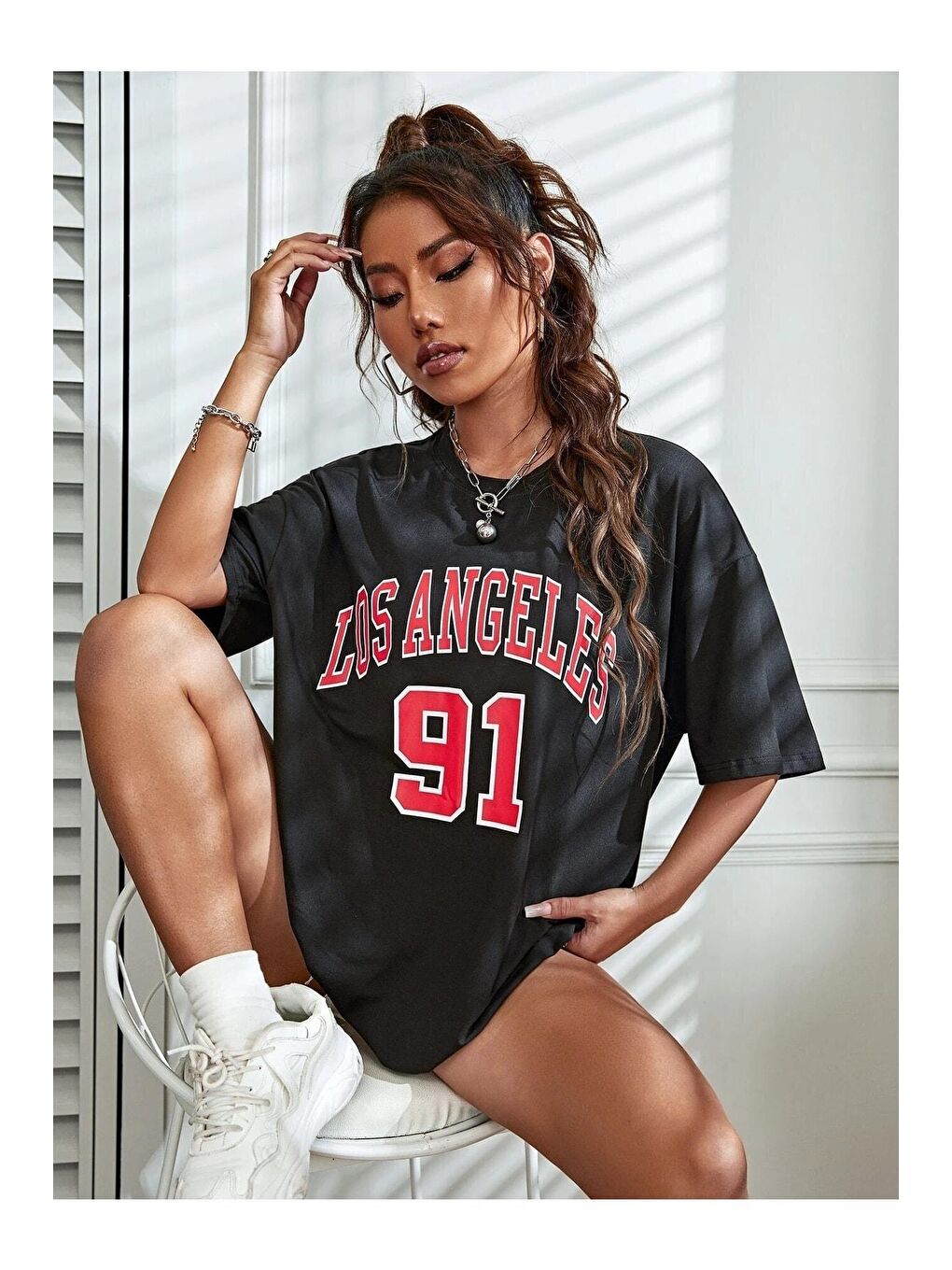 Kadın Siyah Los Angeles 91 Baskılı Oversize Tişört-4