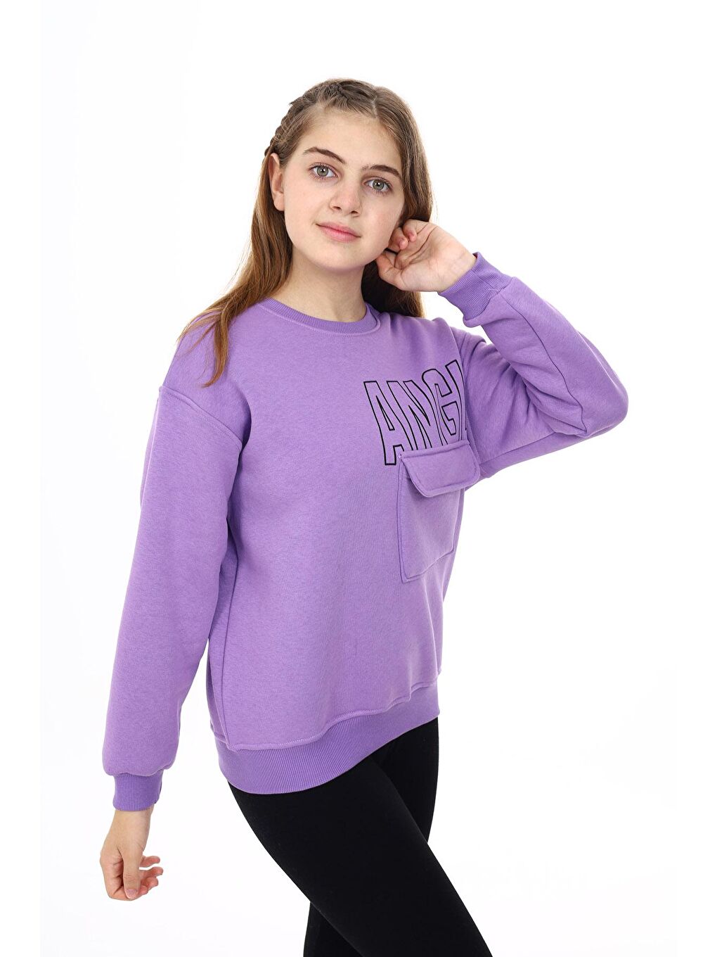 angelos Mor Kız Çocuk Cep Detaylı 3 İplik Sweatshirt Px281