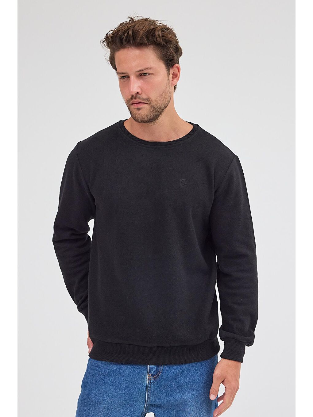 Erkek Siyah Standart Fit Normal Kesim Pamuklu Basic Bisiklet Yaka Sweatshirt MTLCE113-Siyah-3