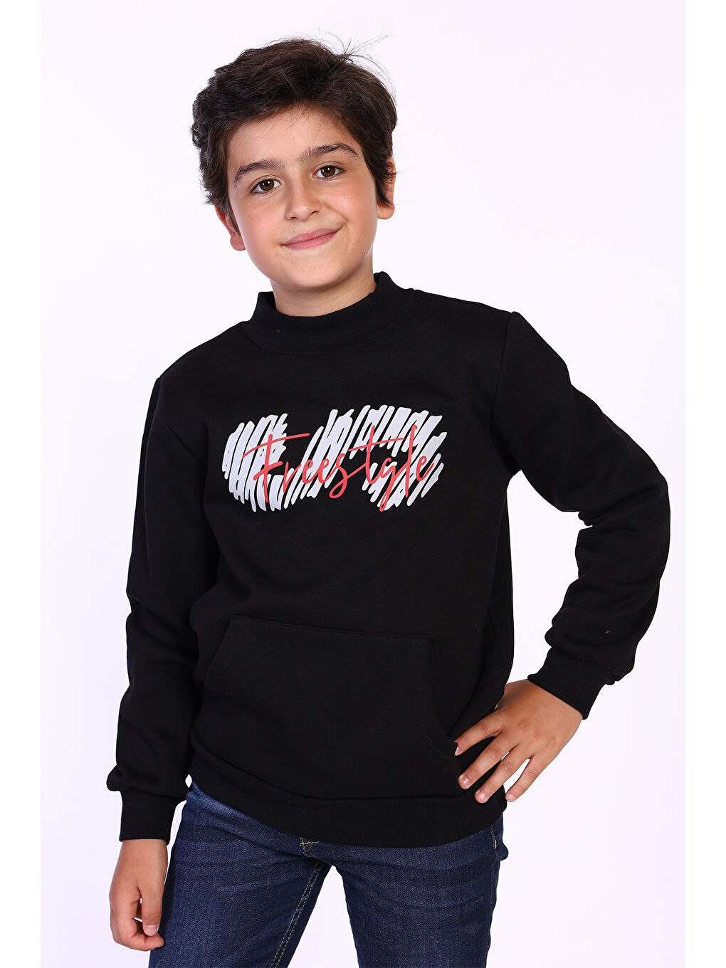 Siyah Erkek Çocuk Kanguru Cepli Baskılı Sweatshirt