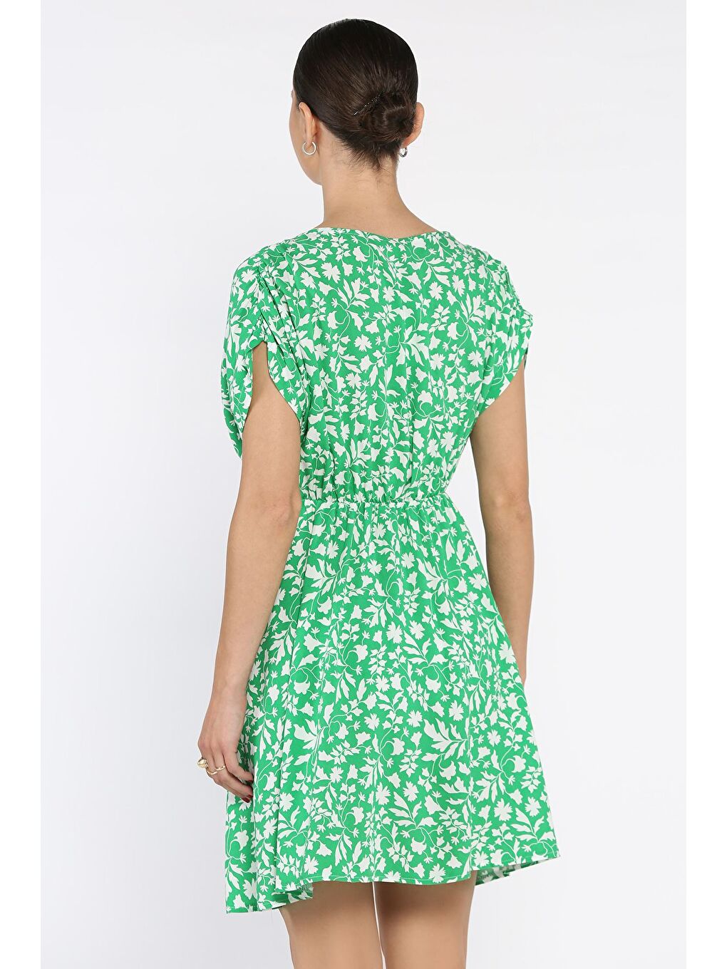 Yeşil Bel Lastikli Kruvaze Yaka Desenli Kadın Mini Elbise-2