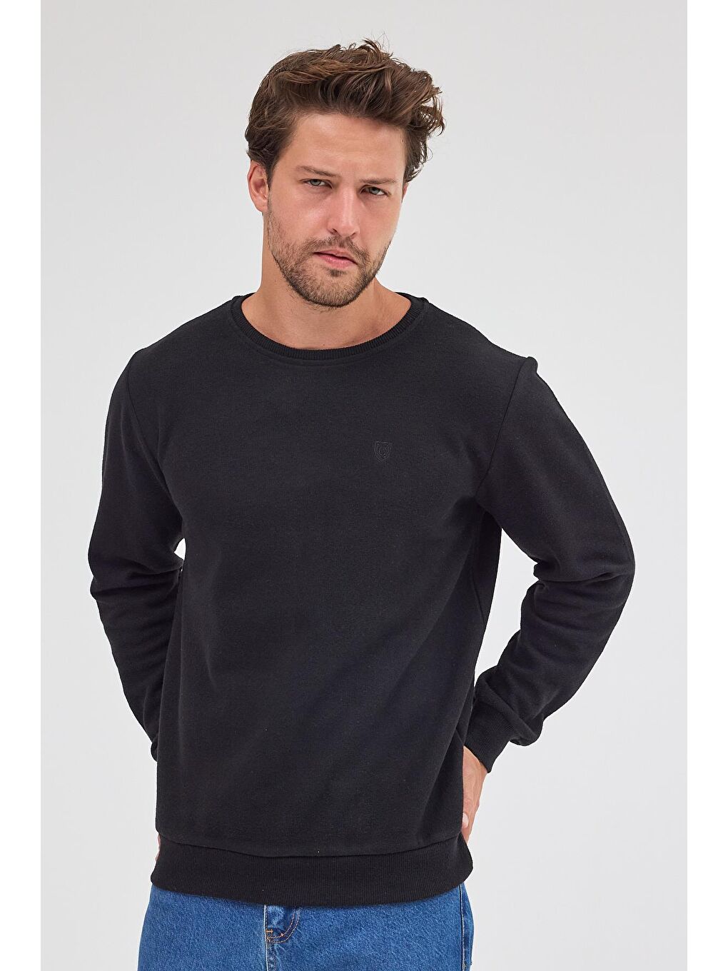 Erkek Siyah Standart Fit Normal Kesim Pamuklu Basic Bisiklet Yaka Sweatshirt MTLCE113-Siyah-4