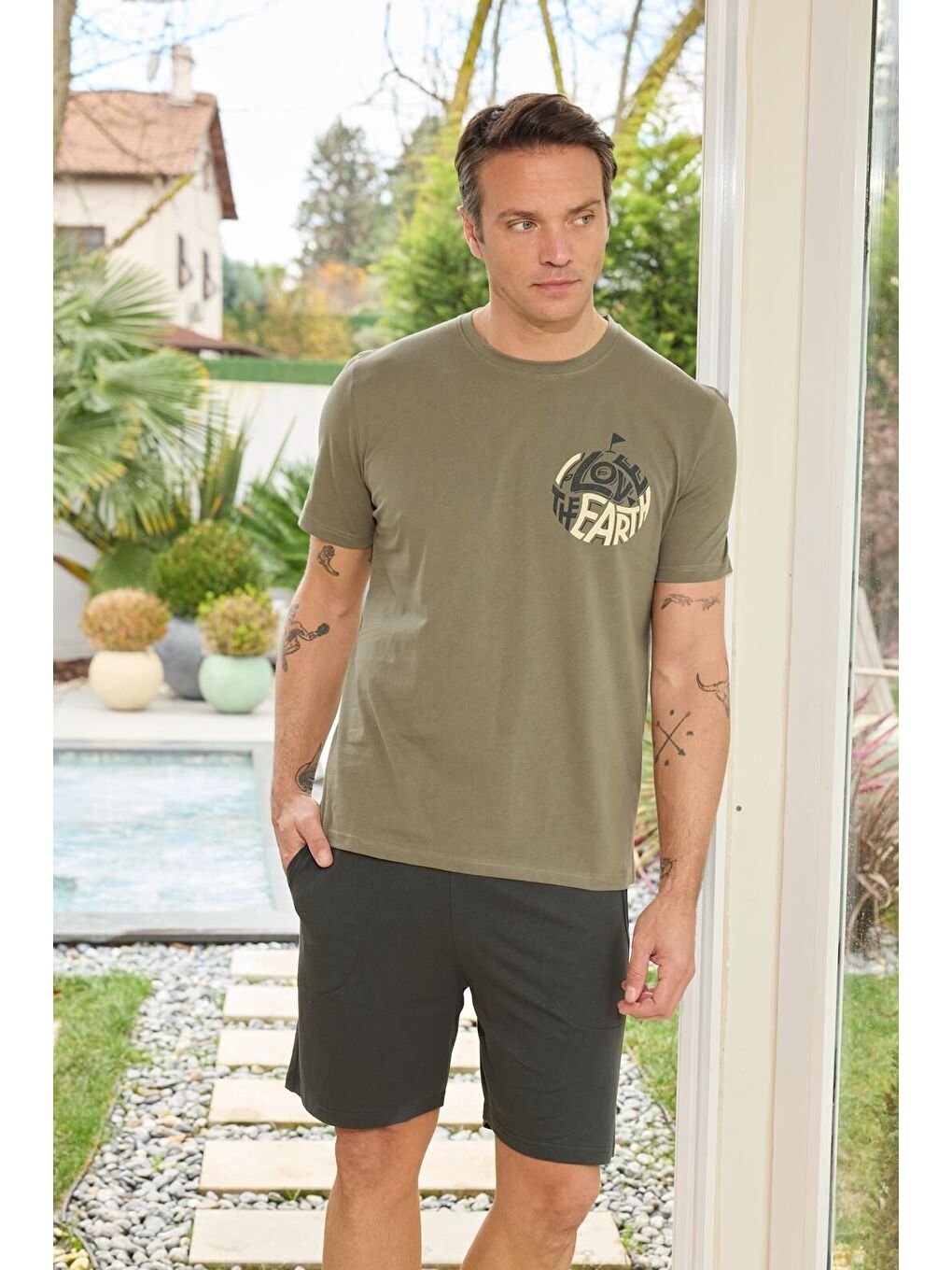 Yeşil Erkek %100 Organik Pamuk Kısa Kollu Şortlu Doğal Baskılı Pijama Takımı