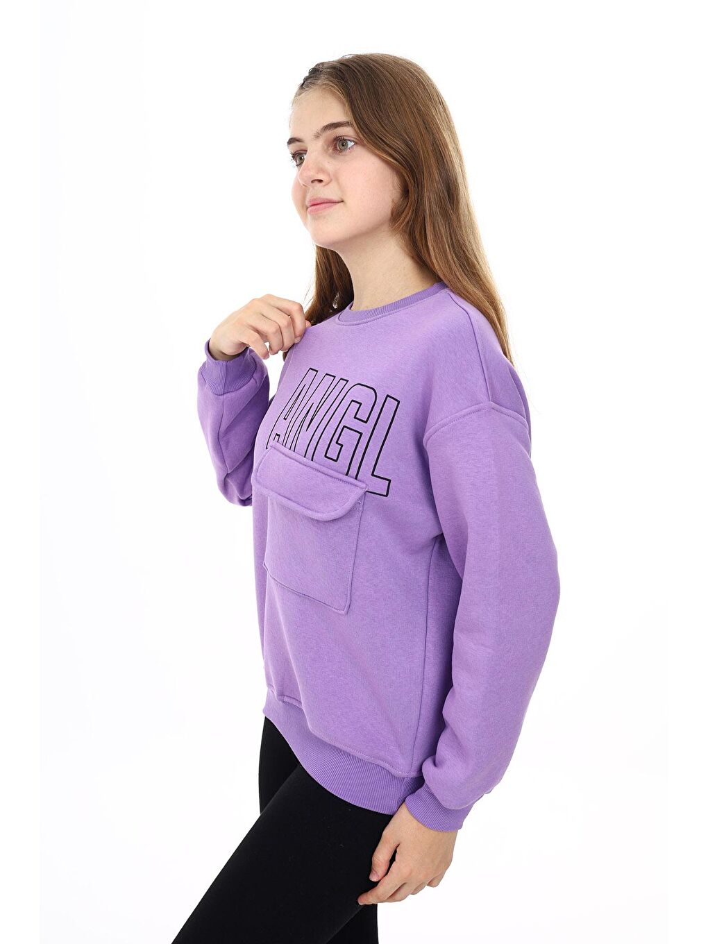 angelos Mor Kız Çocuk Cep Detaylı 3 İplik Sweatshirt Px281 - 2