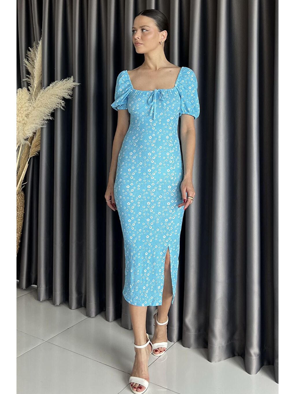 Mavi Yırtmaçlı Balon Kol Kadın Desenli Elbise-1