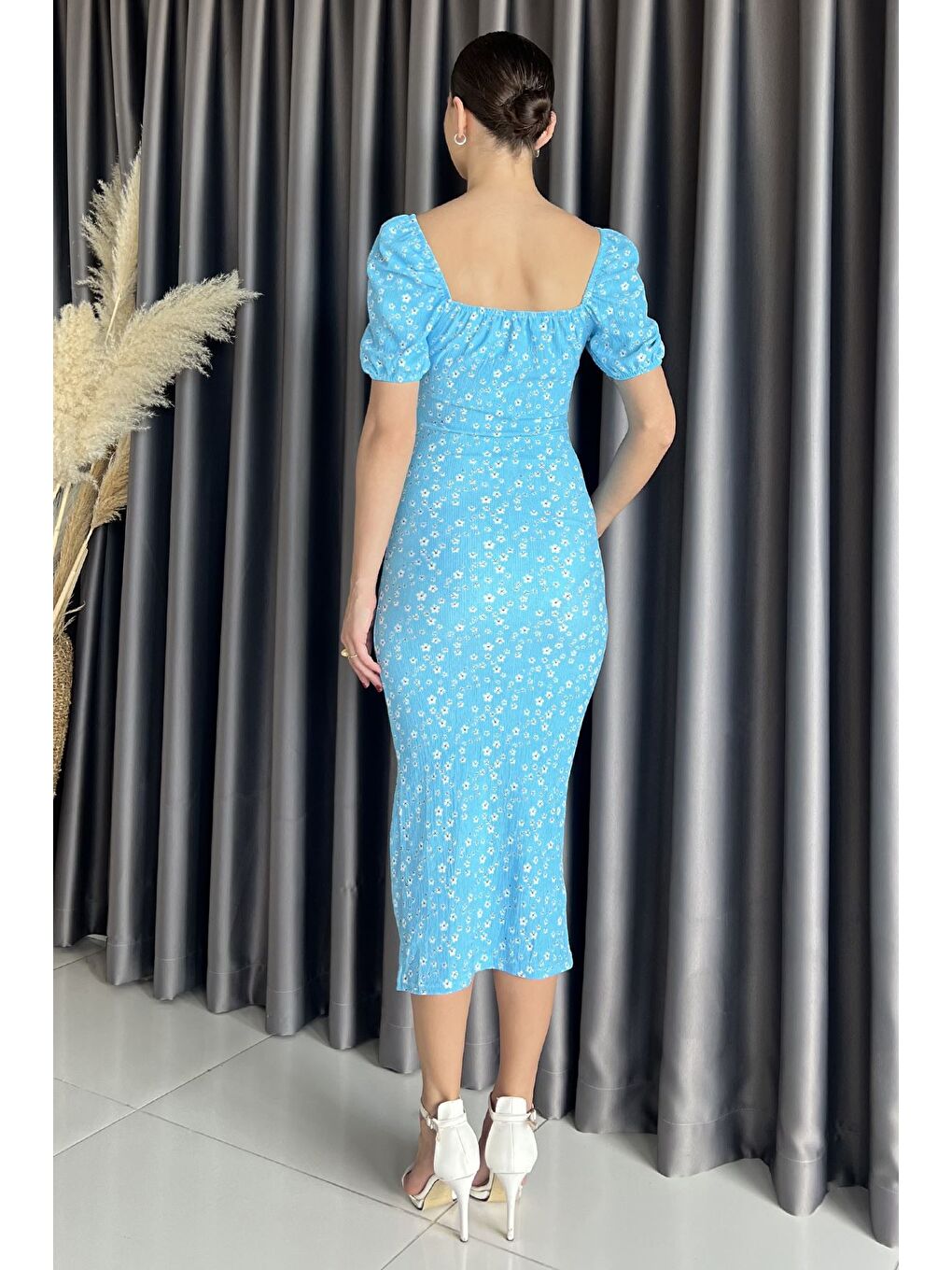 Mavi Yırtmaçlı Balon Kol Kadın Desenli Elbise-2