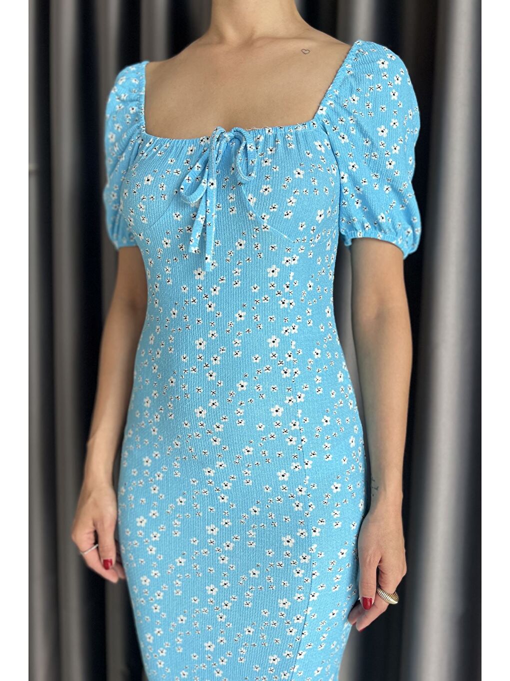 Mavi Yırtmaçlı Balon Kol Kadın Desenli Elbise-3