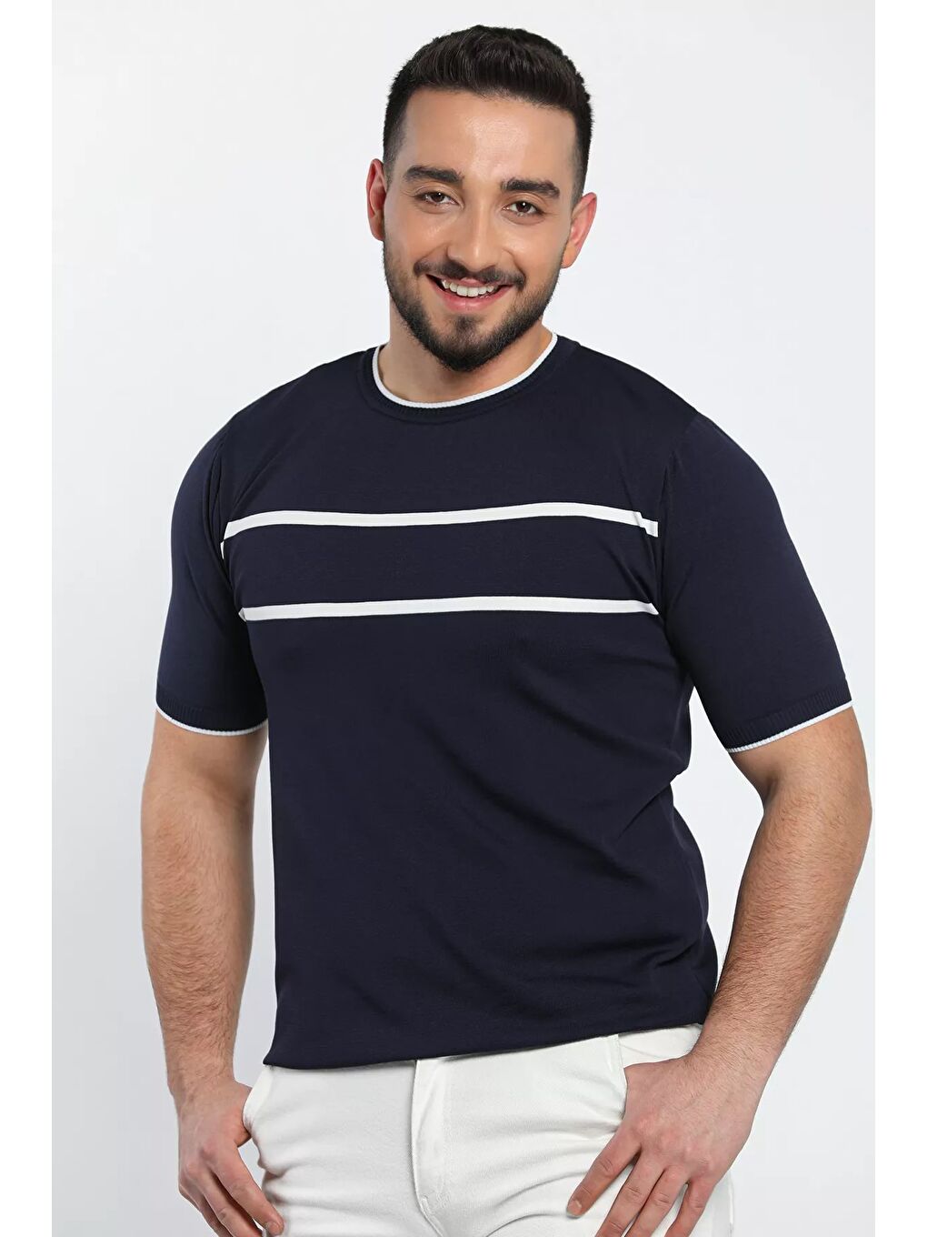 Lacivert Çizgi Detaylı Bisiklet Yaka Erkek T-shirt-2