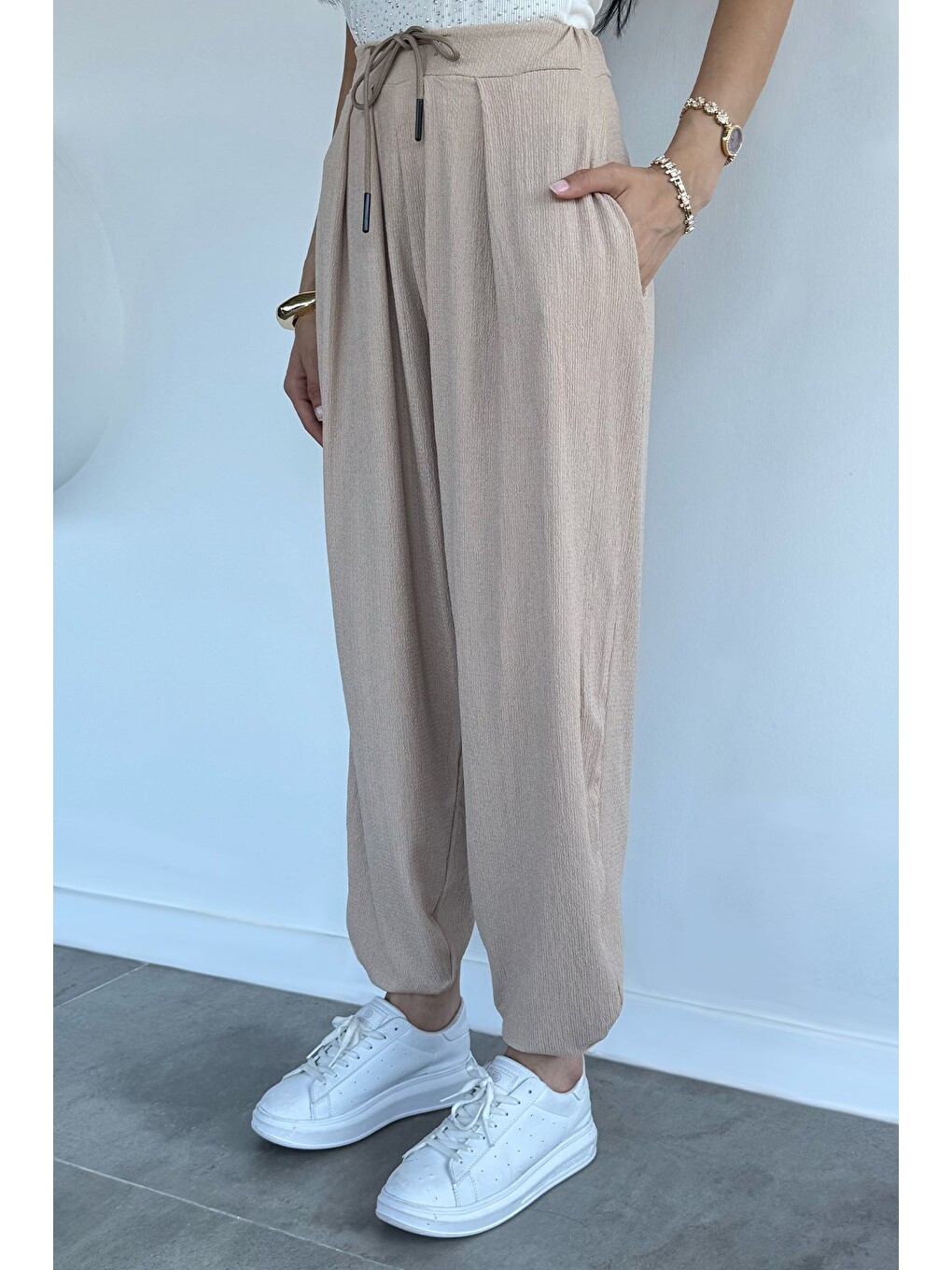 Bej Bel Lastikli Şalvar Pantolon-2