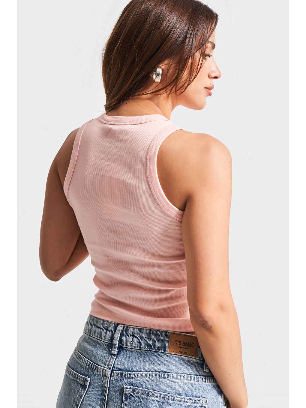 Pembe Kadın Pudra Renk S5-112 Halter Yaka İnce Fitilli Kumaş Parlak Taşlı Tasarım Body-4