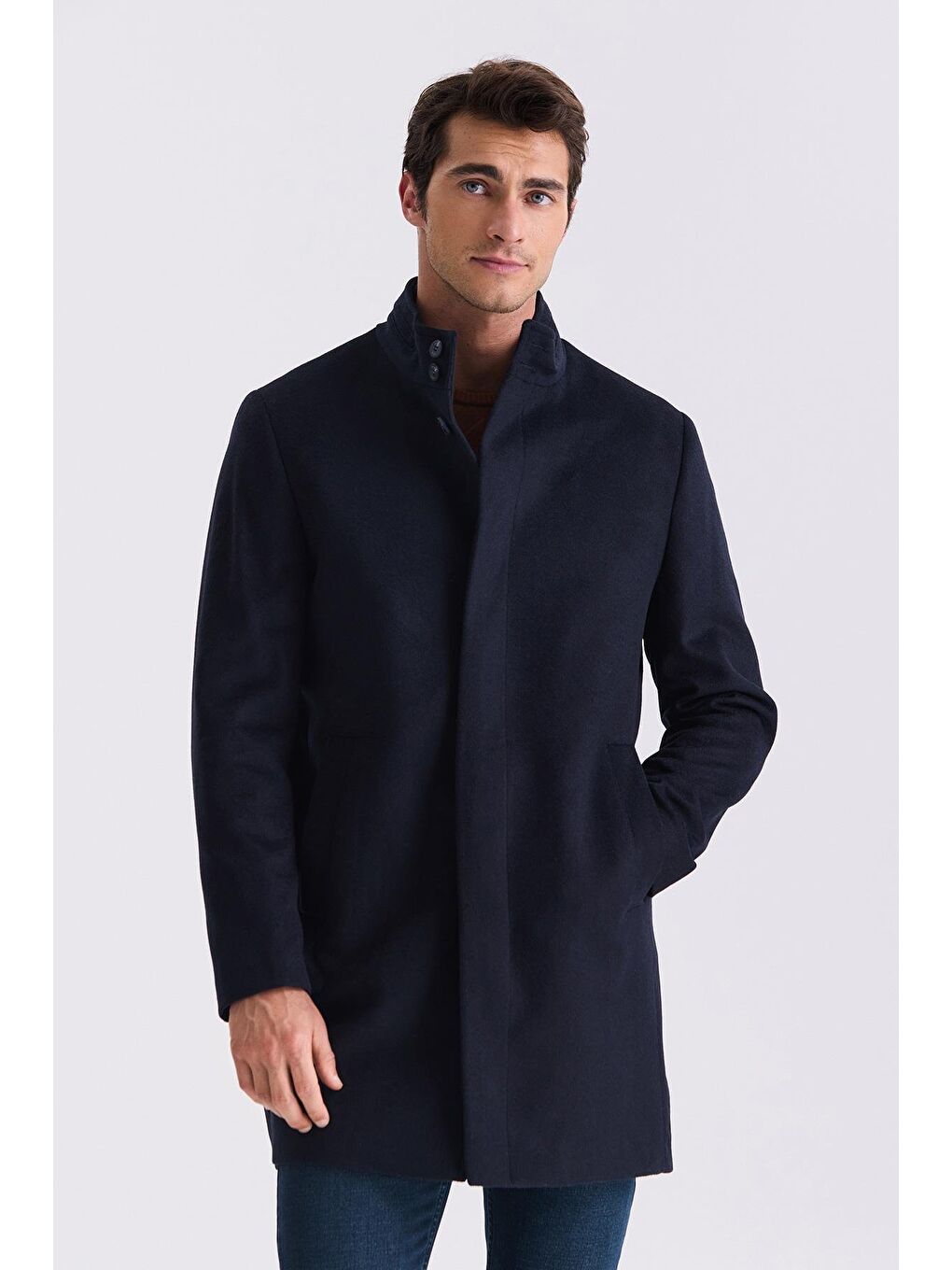 Koyu Lacivert Slim Fit Dik Yaka Balık Sırtı Desenli Yünlü Spor Kaban