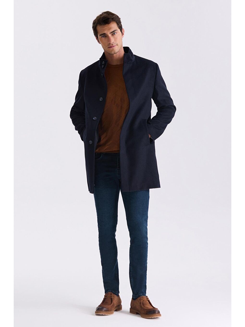 Koyu Lacivert Slim Fit Dik Yaka Balık Sırtı Desenli Yünlü Spor Kaban-1